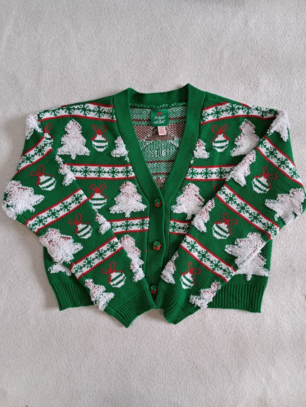 Holiday Christmas Sweater Green Knit Christmas Tree Button-Up Cardigan Size Med